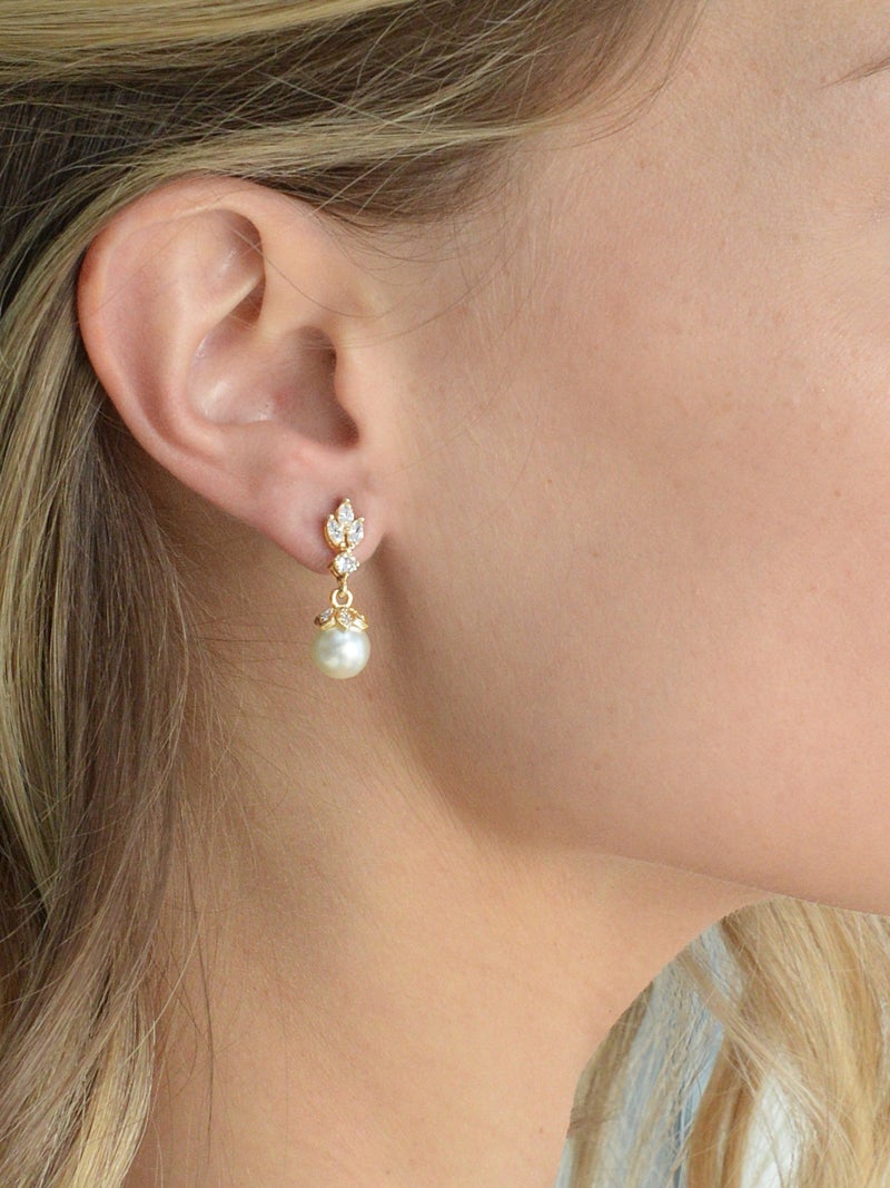 Mariell Pearl Drop Gold Wedding Earrings, 8MM Ivory Shell Pearls, Cubic Zirconia Crystal and Pearl Earrings for Brides, Bridesmaid, Prom and Mother of the Bride - Image 4